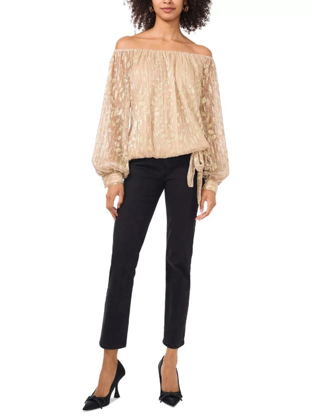 Vince Camuto Women’s Metallic-Print Off-the-Shoulder Tie-Hem Top (Gold, Size S)